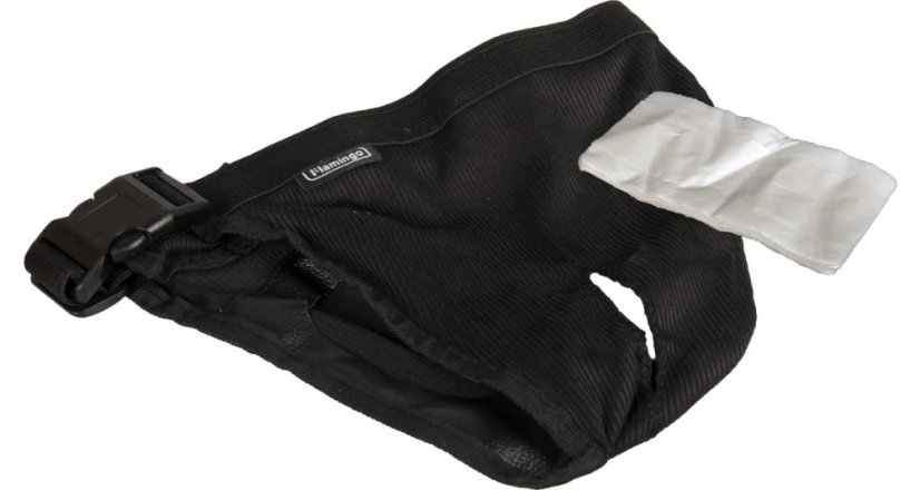 Schützende Hundehose Flamingo - schwarz, 32-39 cm (M) + 4 Stück Einlagen