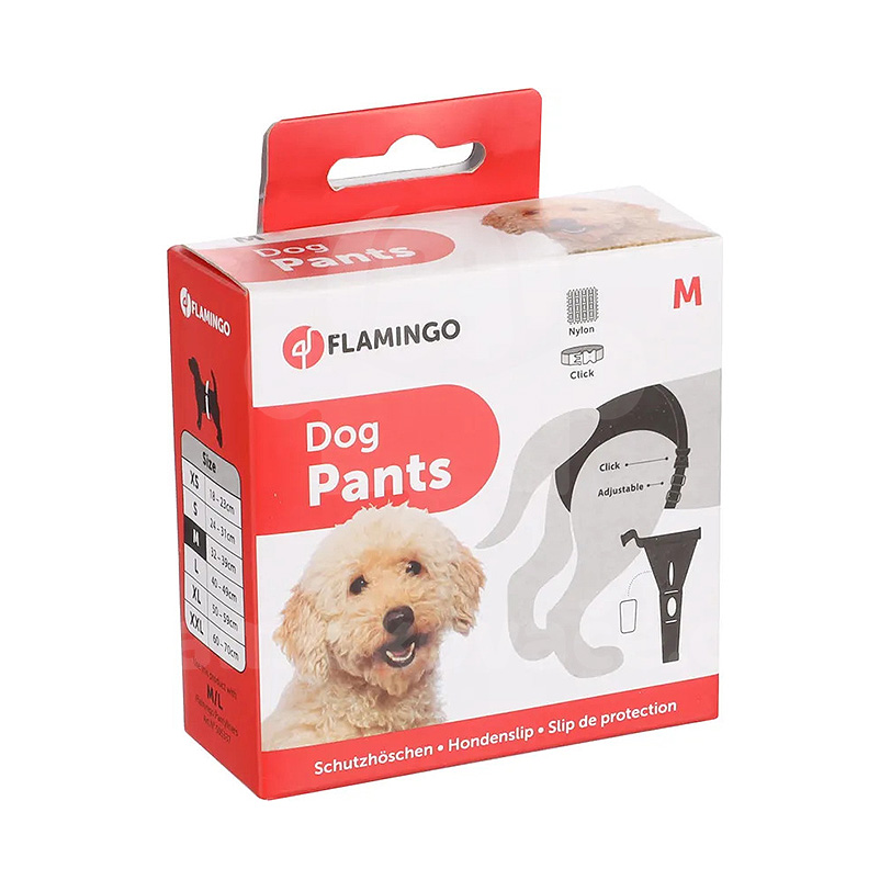 Schützende Hundehose Flamingo - schwarz, 32-39 cm (M) + 4 Stück Einlagen